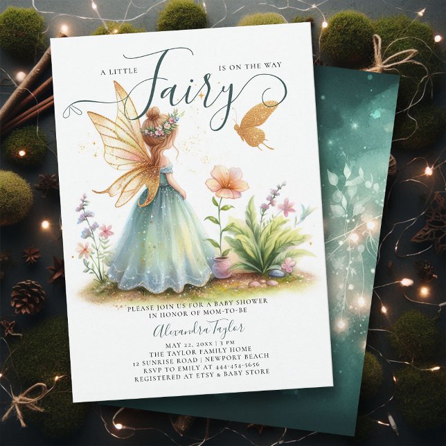 Invitación Princesa de hadas encantada niña de esmeralda duch (a little fairy girl baby shower invitation enchanted forest garden butterfly princess emerald gold)