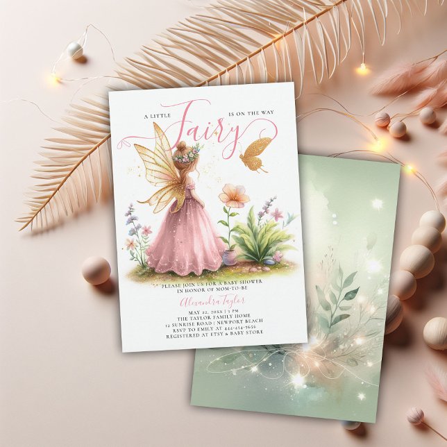 Invitación Princesa de hadas encantada niña rosa ducha (fairy princess baby girl shower invitation pink elegant cute watercolor enchanted garden forest)