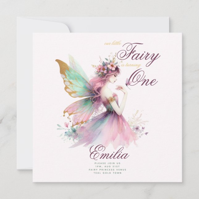 Invitación Princesa de Hadas Primer Cumpleaños o EDIT EDIT ED (Anverso)