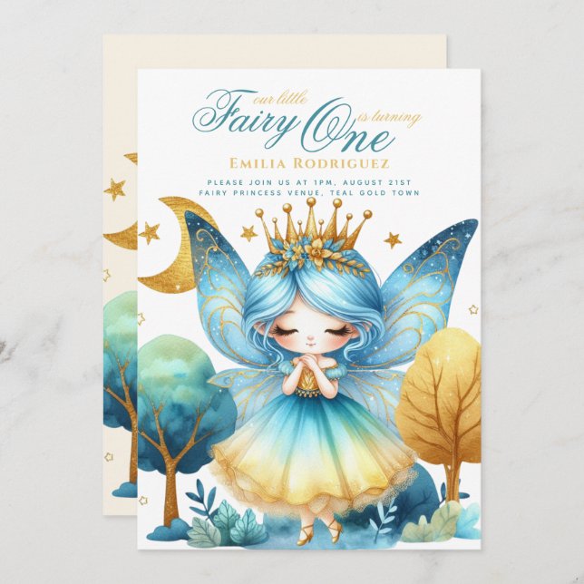 Invitación Princesa de Hadas Primer Cumpleaños o EDIT EDIT ED (Anverso / Reverso)