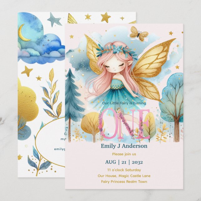 Invitación Princesa de hadas Primer cumpleaños ONE Pink Fairy (Anverso / Reverso)