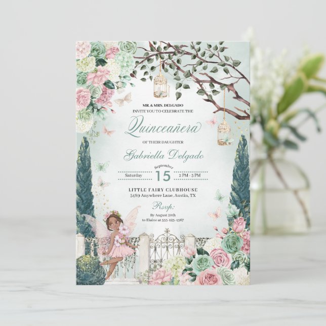 Invitación Princesa de hadas rosadas Jardín encantado Quincea (Anverso de pie)
