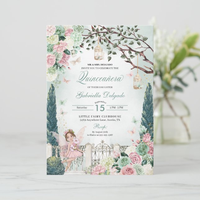 Invitación Princesa de hadas rosadas Jardín encantado Quincea (Anverso de pie)