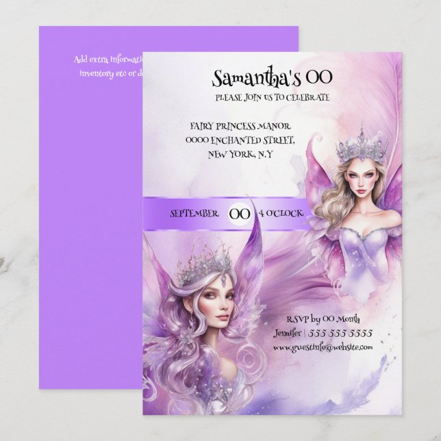 Invitación princesa de hadas tema mítico morado de cuento de  (Anverso / Reverso)