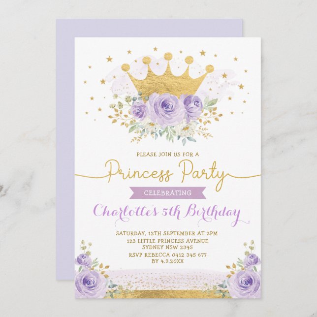 Invitación Princesa de la Corona de Oro Púrpura Cumpleaños Fl (Anverso / Reverso)