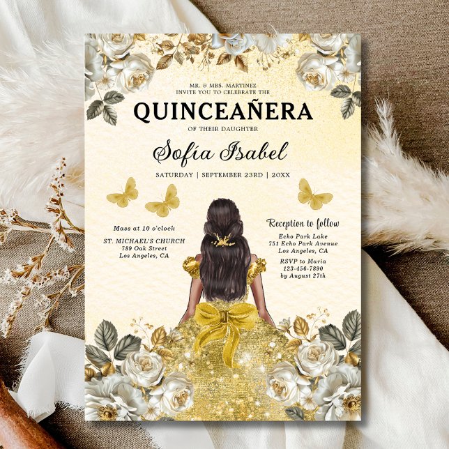Invitación Princesa de la Mariposa de Oro Floral Quinceanera (Subido por el creador)