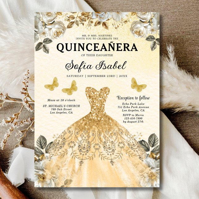 Invitación Princesa de la Mariposa de Oro Floral Quinceanera (Subido por el creador)