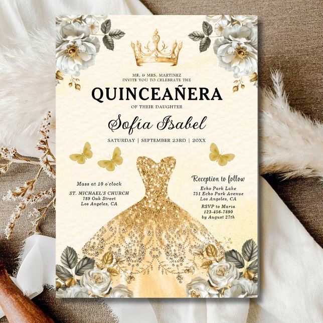 Invitación Princesa de la Mariposa de Oro Floral Quinceanera (Subido por el creador)