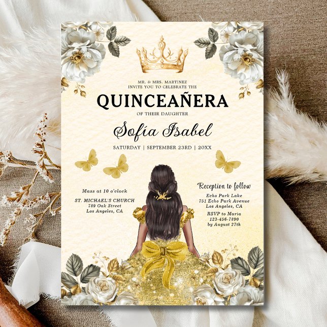 Invitación Princesa de la Mariposa de Oro Floral Quinceanera (Subido por el creador)