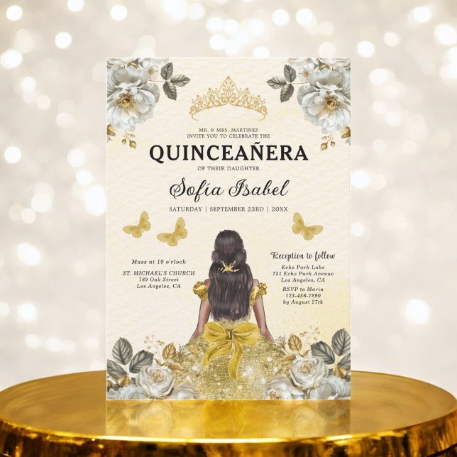 Invitación Princesa de la Mariposa de Oro Floral Quinceanera (Subido por el creador)