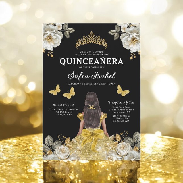 Invitación Princesa de la Mariposa de Oro Floral Quinceanera (Subido por el creador)