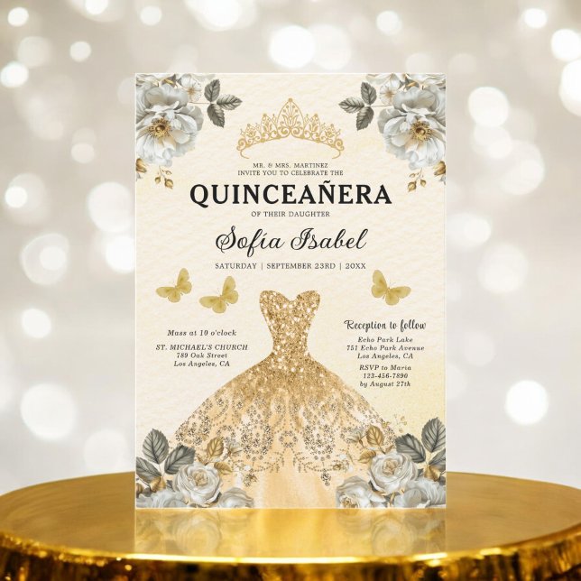 Invitación Princesa de la Mariposa de Oro Floral Quinceanera (Subido por el creador)