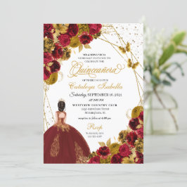 Invitación Princesa de la Mariposa de Oro Rojo Quinceanera