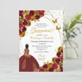 Invitación Princesa de la Mariposa de Oro Rojo Quinceanera