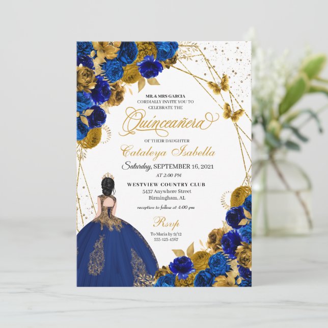 Invitación Princesa de la Mariposa Real de Oro Azul Quinceane (Anverso de pie)