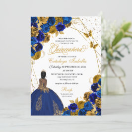 Invitación Princesa de la Mariposa Real de Oro Azul Quinceane