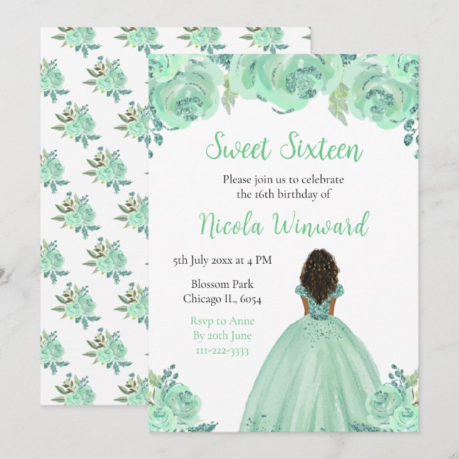 Invitación Princesa de la piel oscura Mint Dulce Floral Dieci (Anverso / Reverso)