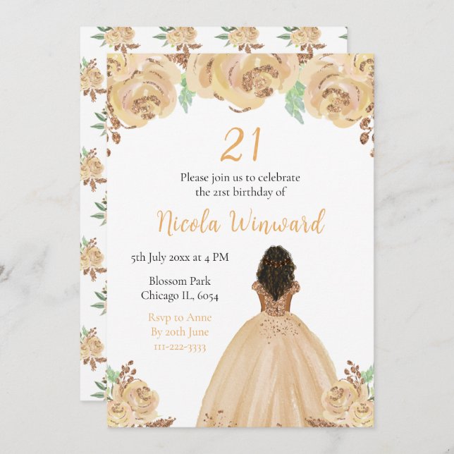 Invitación Princesa de la Piel Oscura Peach Floral Birthday P (Anverso / Reverso)