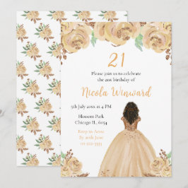 Invitación Princesa de la Piel Oscura Peach Floral Birthday P