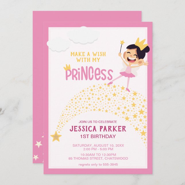 Invitación Princesa de las Estrellas, Deseos Mágicos (Anverso / Reverso)