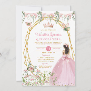 Invitación Princesa de lazo rosa Quinceañera Jardín de maripo