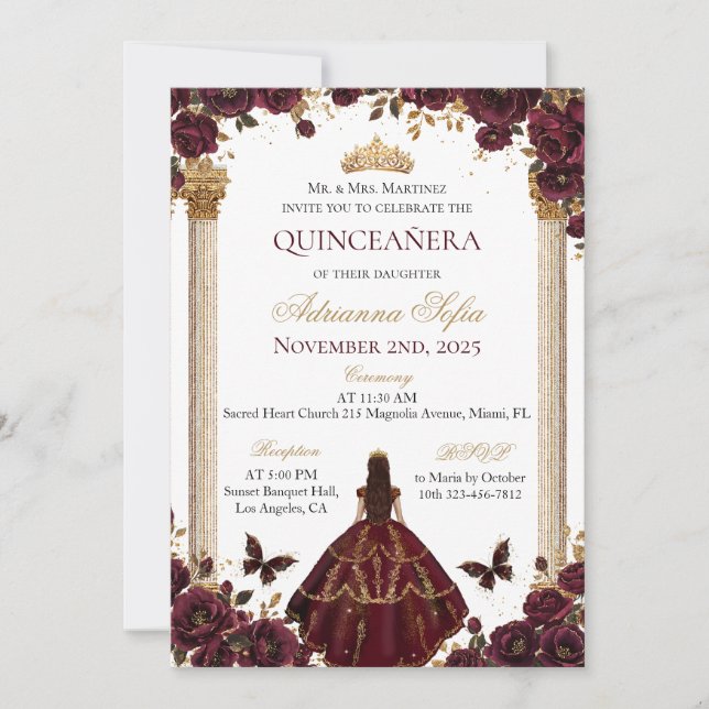 Invitación Princesa de los Rosas de oro esmeralda de Quinceañ (Anverso)
