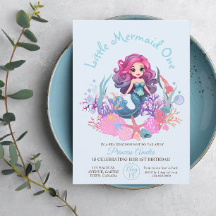 Invitación Princesa de Mar de Sirena acuarela Primer Fiesta d
