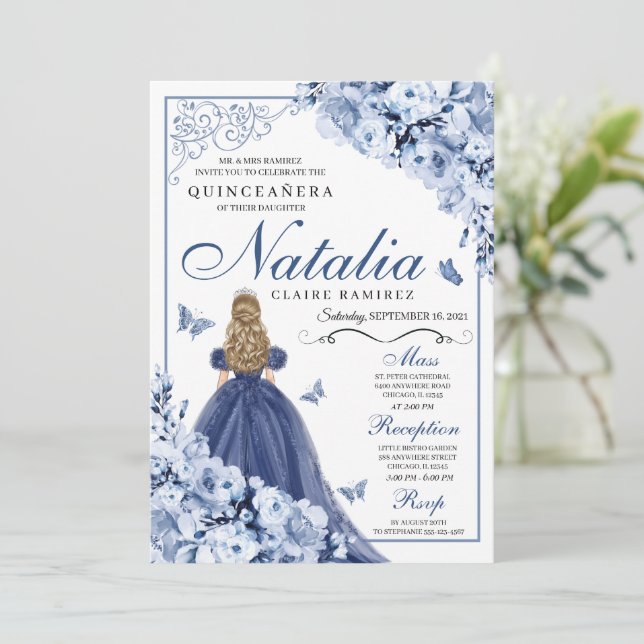 Invitación Princesa de mariposa azul Tiara Quinceañera (Anverso de pie)