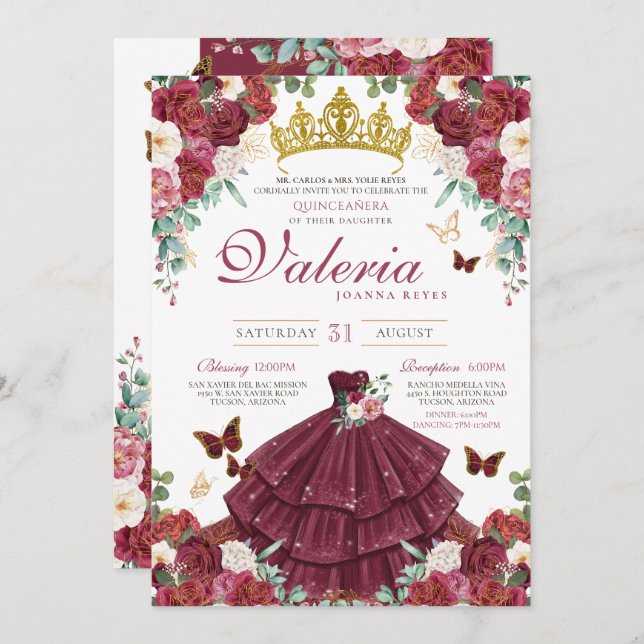 Invitación Princesa de mariposa Borgoña Roses Roses Quinceañe (Anverso / Reverso)