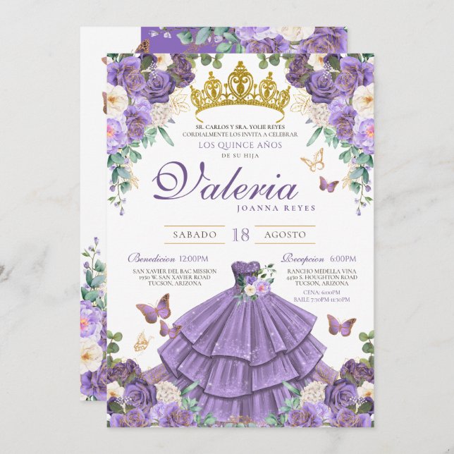 Invitación Princesa de mariposa floral púrpura clara Quincean (Anverso / Reverso)