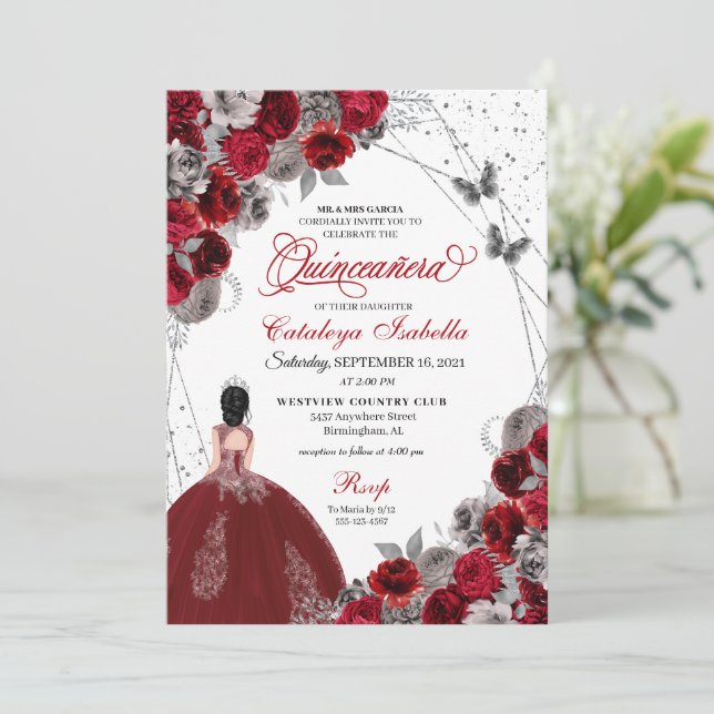 Invitación Princesa de Mariposa Plata Roja Quinceanera (Anverso de pie)