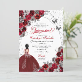 Invitación Princesa de Mariposa Plata Roja Quinceanera