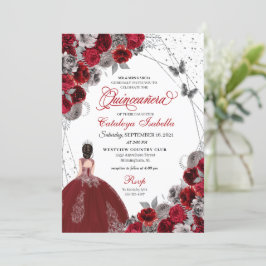 Invitación Princesa de Mariposa Plata Roja Quinceanera