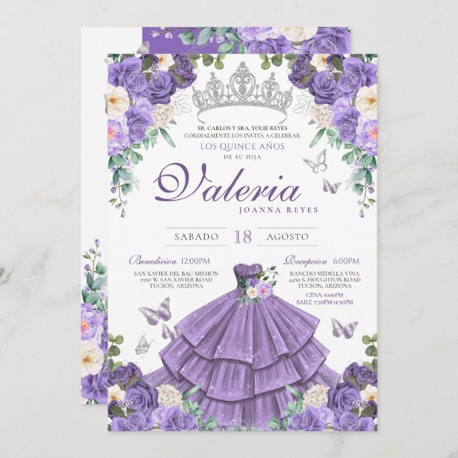 Invitación Princesa de mariposa plateada púrpura clara Quince (Anverso / Reverso)