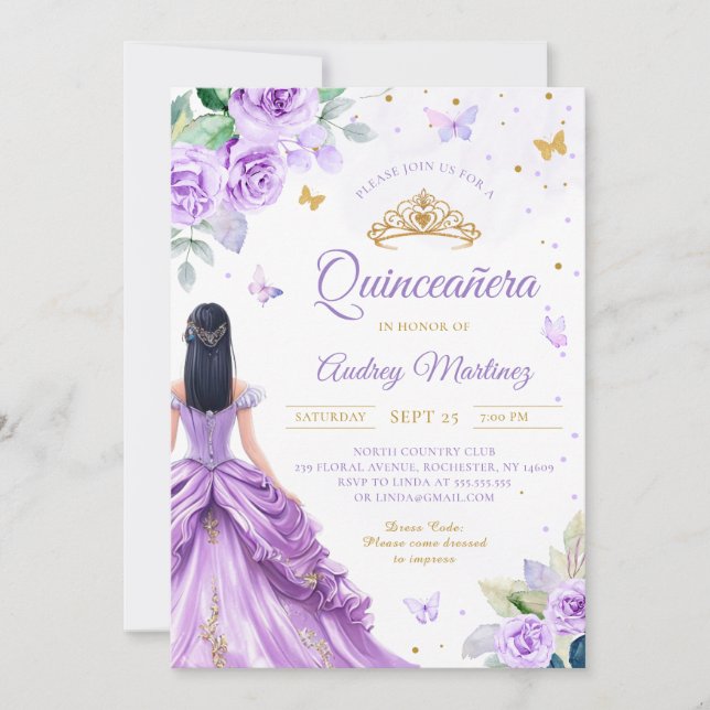 Invitación Princesa de Mariposa Rosa de Oro Morado de Quincea (Anverso)