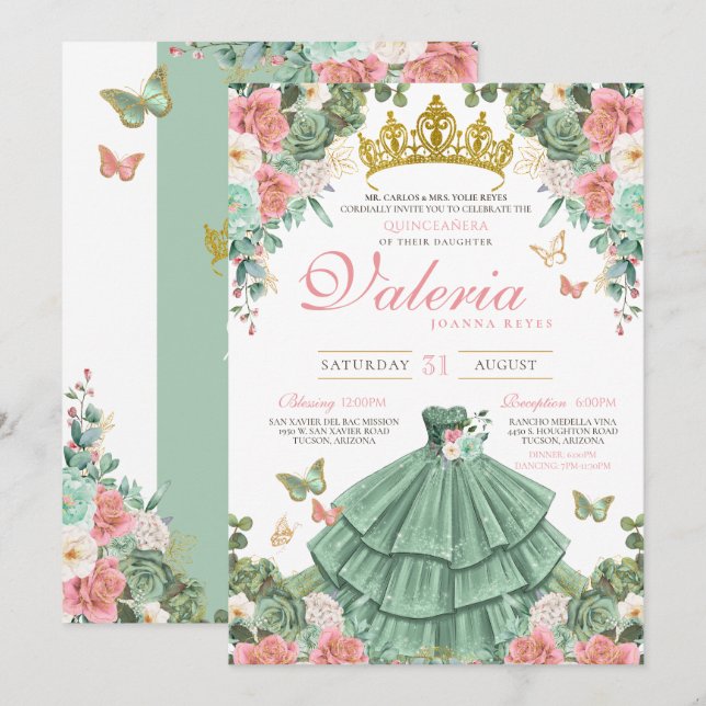 Invitación Princesa de mariposa rosa rosa rosa verde de menta (Anverso / Reverso)