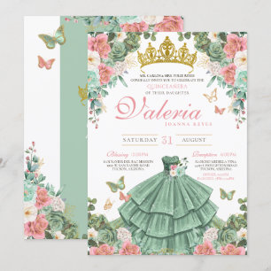 Invitación Princesa de mariposa rosa rosa rosa verde de menta