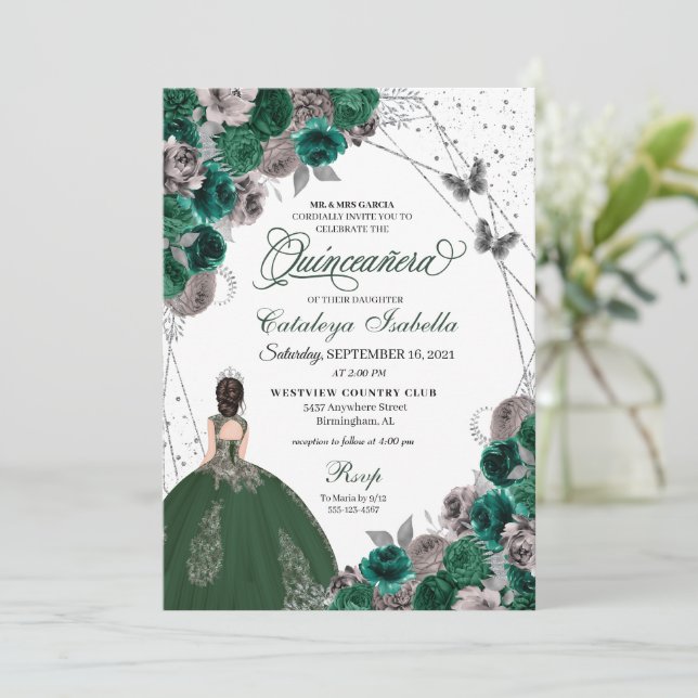 Invitación Princesa de mariposa verde plateada Quinceanera (Anverso de pie)
