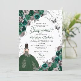 Invitación Princesa de mariposa verde plateada Quinceanera