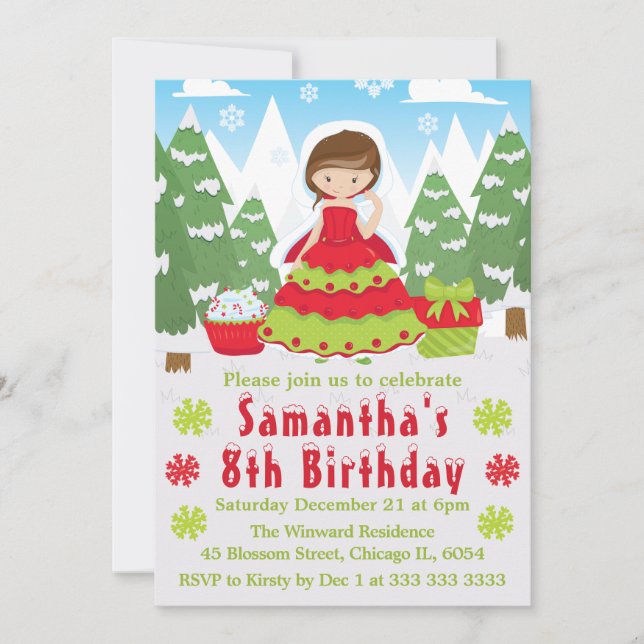 Invitación Princesa de Navidad Morena Cumpleaños Escena de In (Anverso)