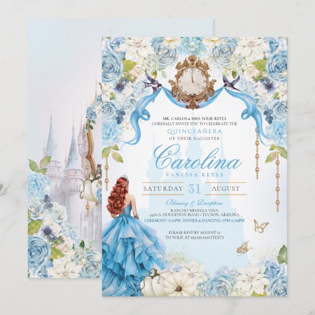 Invitación Princesa de oro azul Cenicienta Real Quinceanera (Anverso / Reverso)