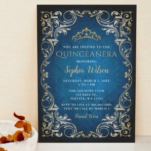 Invitación Princesa de Oro Azul de época Tiara Quinceañera