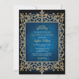 Invitación Princesa de Oro Azul de época Tiara Quinceañera