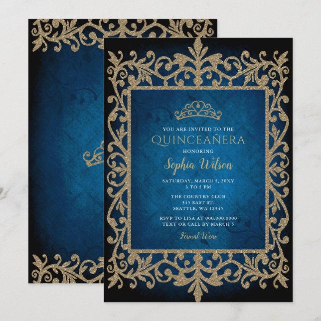 Invitación Princesa de Oro Azul de época Tiara Quinceañera (Anverso / Reverso)
