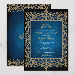 Invitación Princesa de Oro Azul de época Tiara Quinceañera