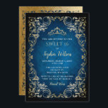 Invitación Princesa de oro azul vintage Tiara Sweet 16<br><div class="desc">Elegante princesa de oro azul vintage Tiara Sweet 16 cumpleaños Invitación</div>