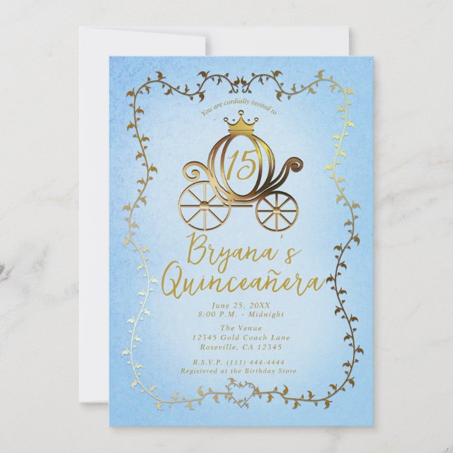 Invitación Princesa de Oro Carrito de Historias Azules Quince (Anverso)