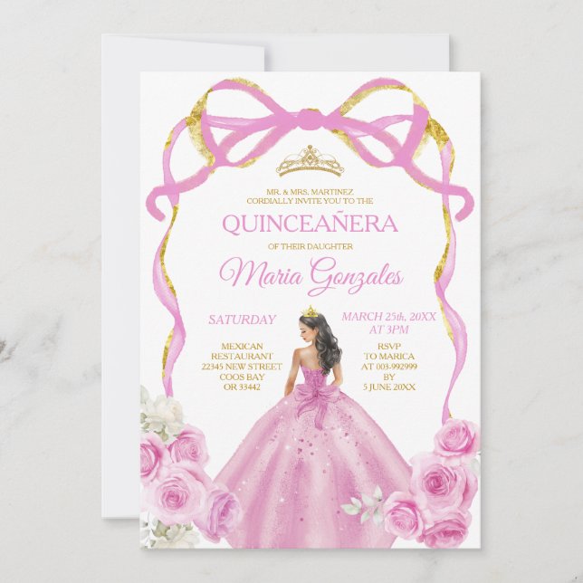 Invitación Princesa de Oro de Bow Rosa suave Quinceañera (Anverso)