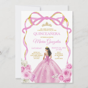 Invitación Princesa de Oro de Bow Rosa suave Quinceañera