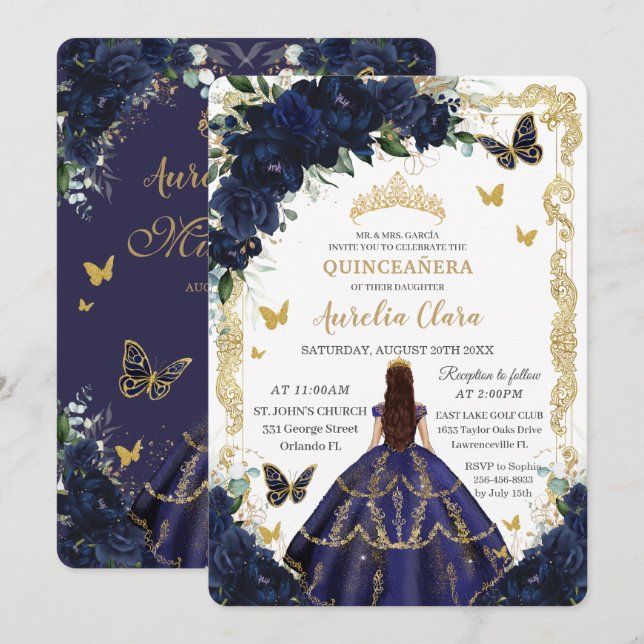 Invitación Princesa de Oro de la Marina de Quinceañera (Anverso / Reverso)